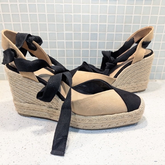 Zara Espadrille Wedge Sandals Black Tan Ankle Tie Wrap Platform Heels - Picture 5 of 14